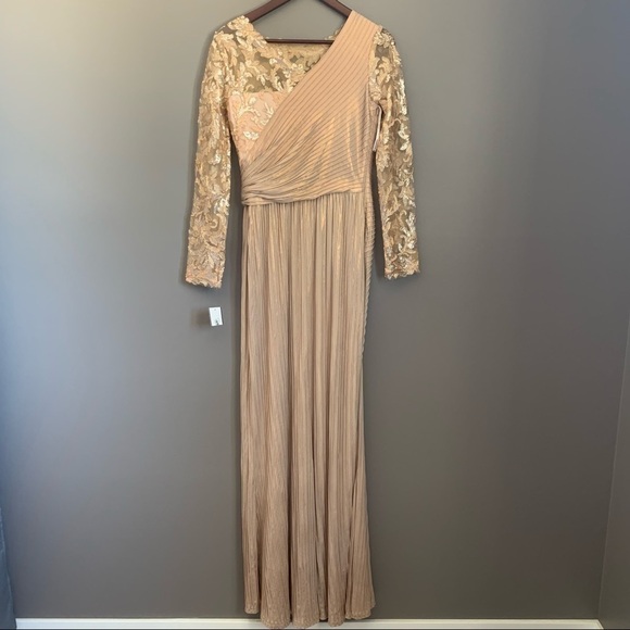 Tadashi Shoji Sequin Pintuck Lace Evening Gown/Champagne/ Size S NWT - Picture 5 of 9